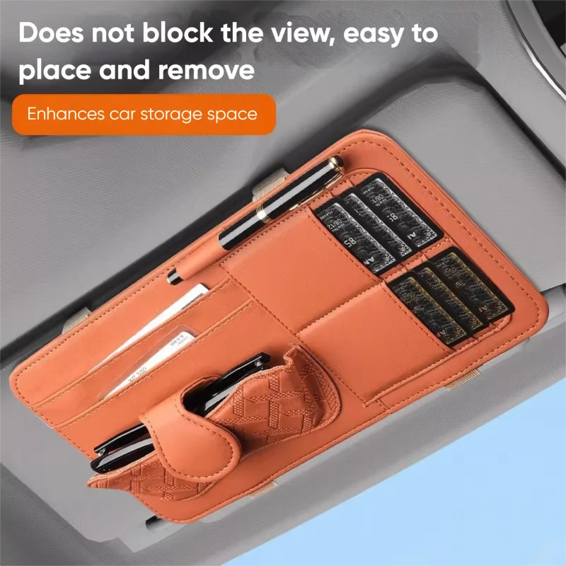 Luxury PU Leather Car Sun Visor Organizer with Multi-Pocket Storage and Eyeglasses Clip