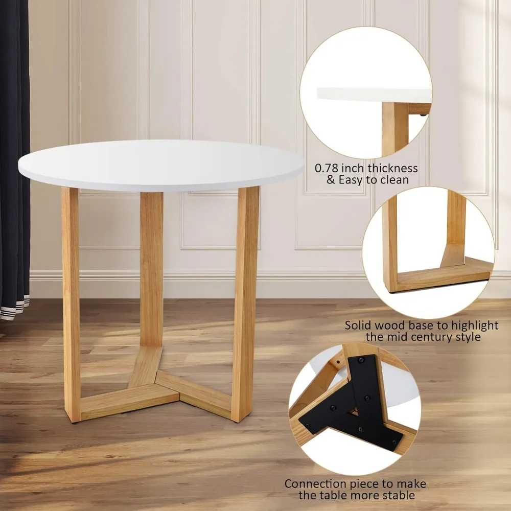 Round Dining Table, Mid Century Modern Small Kitchen Table with Wood Legs and Rattan Dining Chairs