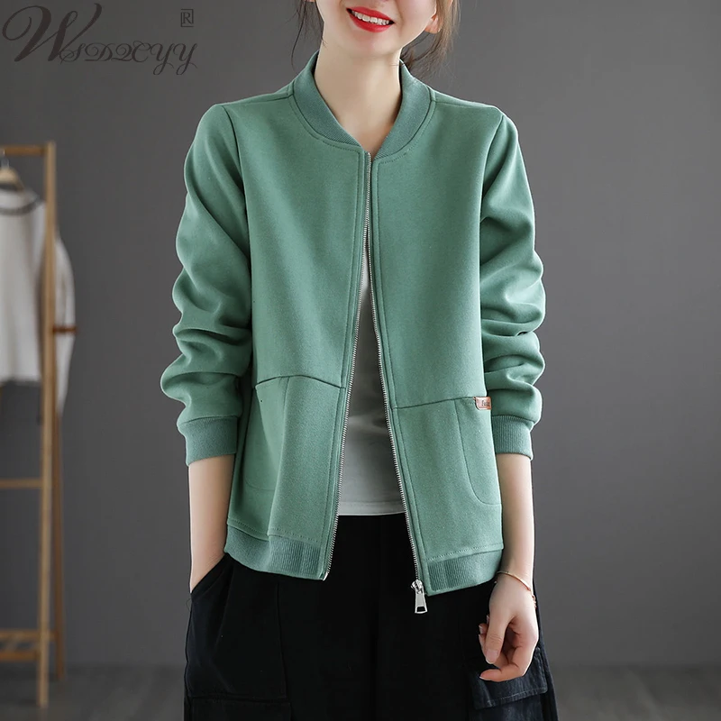 

Women Casual Bomber Jacket 2022 Korean Fashion O-Neck Long Sleeve Design Coat Spring All-Match Zipper Sport Baseball Jacket