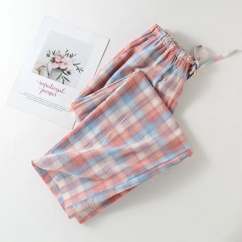 Pantaloni da pigiama da donna a quadri in cotone, pantaloni da casa comodi, traspiranti e morbidi, gamba dritta, pantaloni da notte alla moda_voghion.com