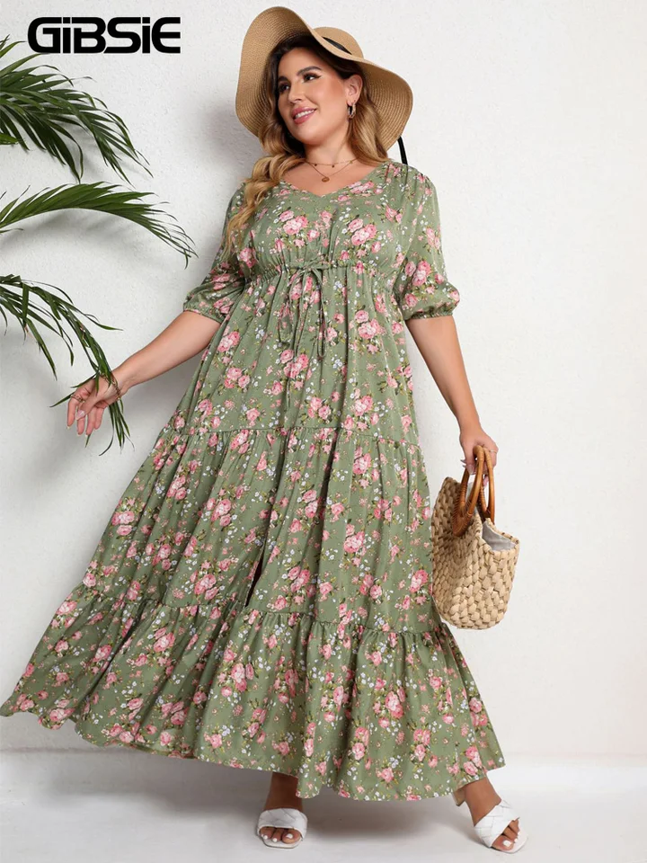 thumbnail image 2 of Women's Summer Long Dress 2025 - Floral Print Puff Sleeve Waist Tie 2 of 10