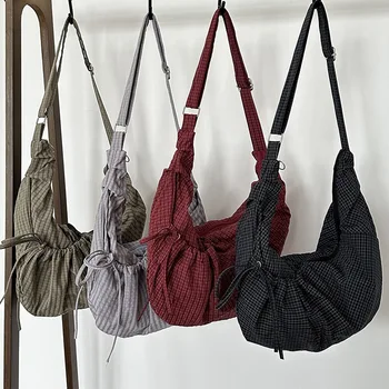 Borse a Tracolla Retrò a Quadri per Donne, Borsa a Sacchetto con Coulisse in Nylon, Grande Capacità, Portatile per Viaggi
