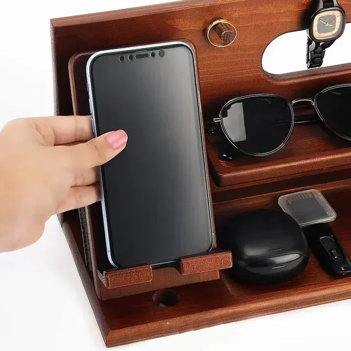 Multi-functional Wooden Telephone Extension Base Bedside Table Desktop Organizer Storage Rack Mobile Phone Holder