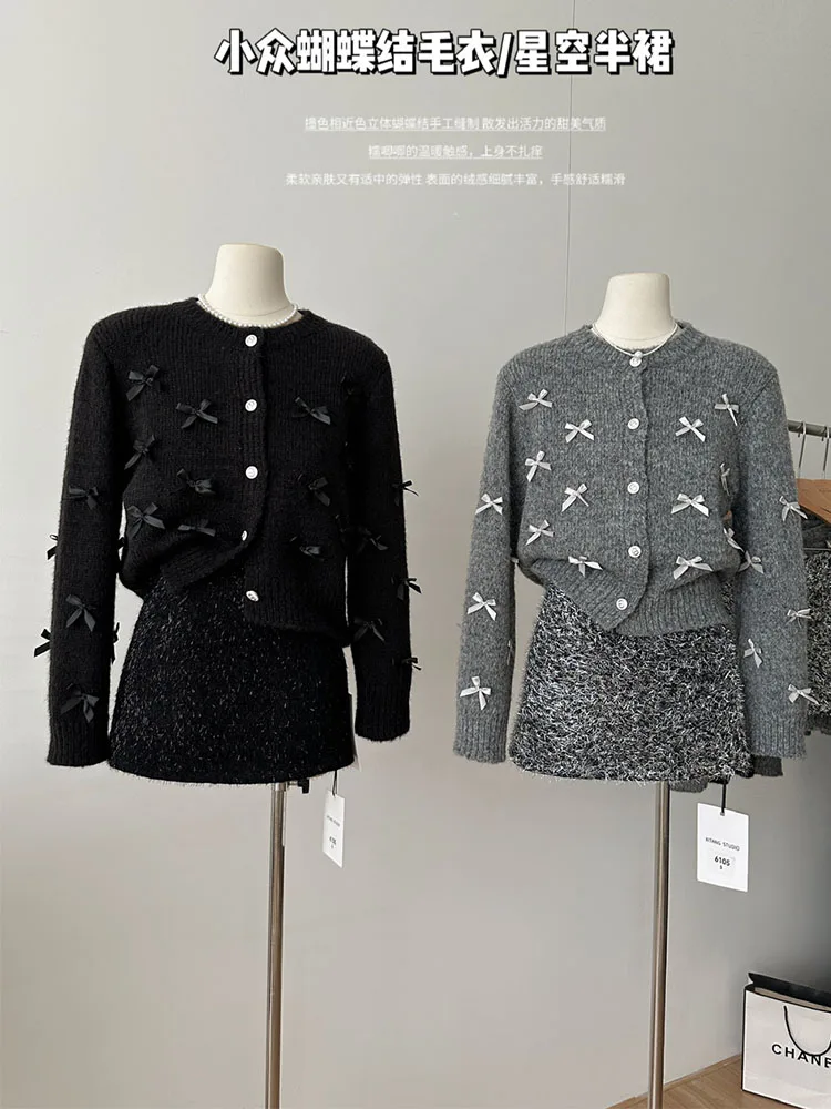 Korean Elegant Outfits 2 Piece Skirt Set Bow Knitwear Cardigan Luxury Wrap Hip High Waist Slim