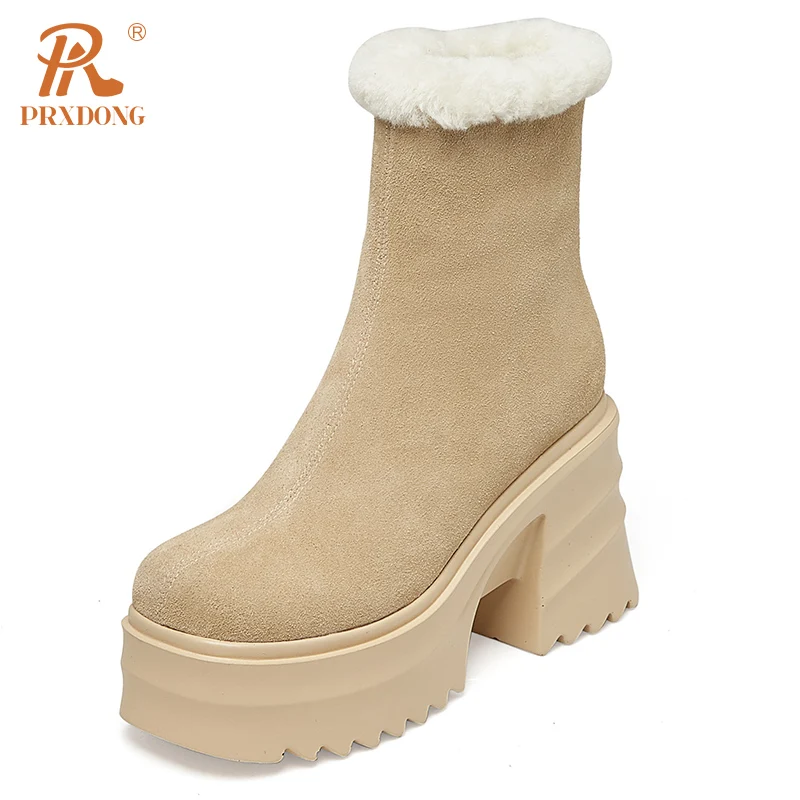

PRXDONG Genuine Leather Women's Ankle Boots 2023 New Brand Autumn Winter Warm Snow Boots Chunky High Heel Platform Black Apricot