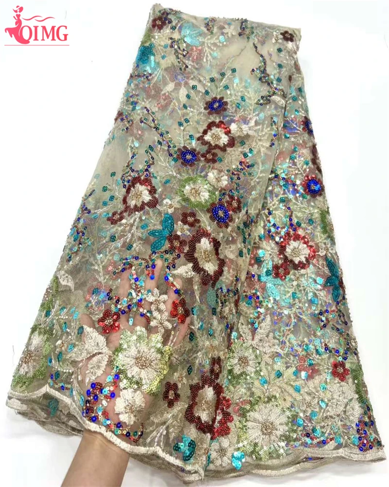 

OIMG Luxury French Nigeria Embroidery Bead Tube Lace Fabric African Nigerian With Sequins Fabric For Wedding Dress Sewing