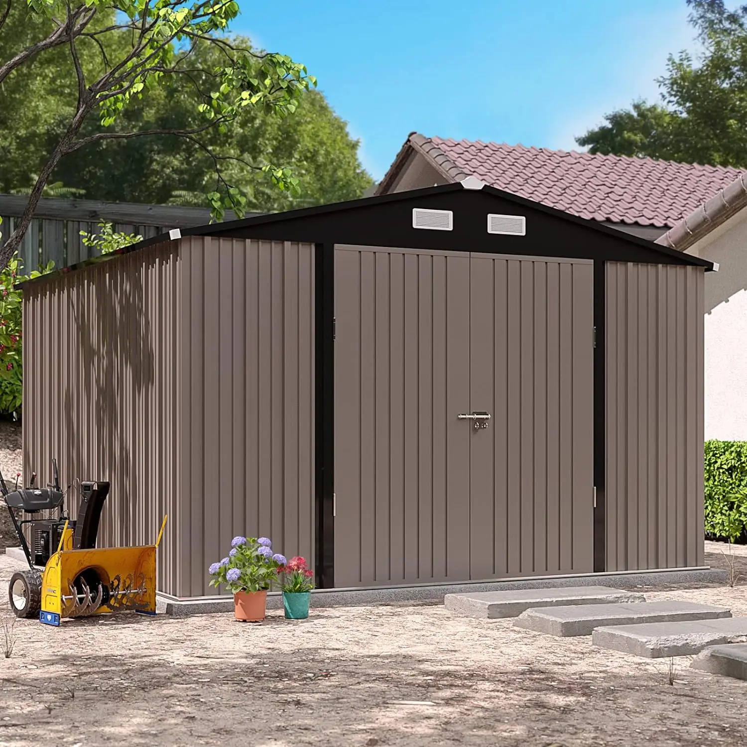 Outdoor Storage Shed 10x10 FT Outside Sheds & Outdoor Storage Metal Galvanized Steel for Backyard Patio Lawn