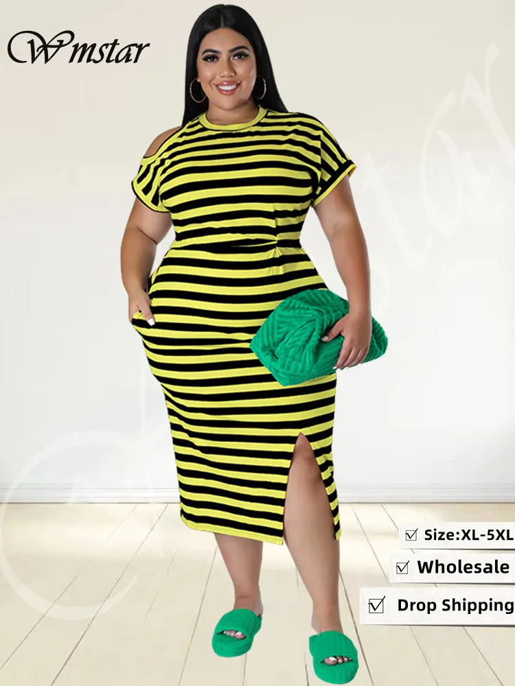 Wmstar Plus Size Dress Dresses For Women 2022 Casual Short Sleeve Striped Hollow Out Maxi 