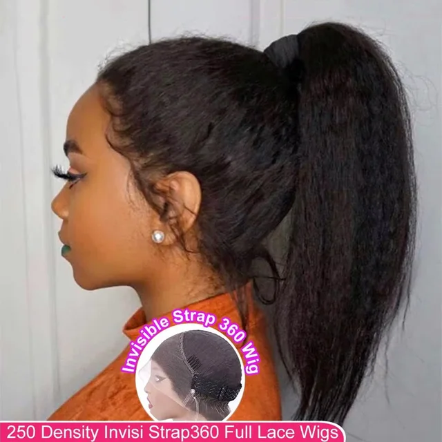 Perruque Lace Frontal Wig naturelle Yaki lisse, cheveux crépus, sans colle, avec sangle Invisible, 360 HD 1