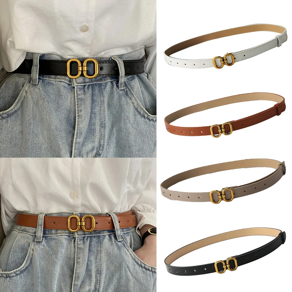 Retro Pu Leather Belt For Women Luxury Designer Metal Buckle Thin Waist Strap Female Jeans Dress Trouser Decorative Waistband