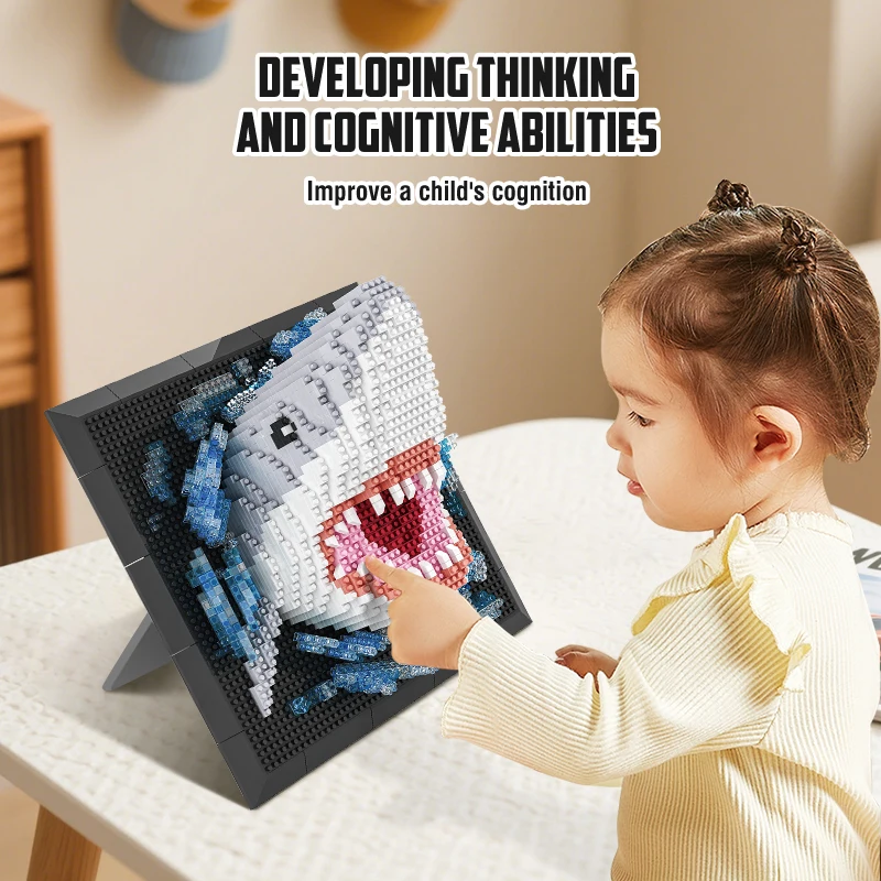 3D Shark Building Set Animal Head Design Wall Hanging Art Decor DIY Assemble Bricks Set Educational Puzzle Toy for Kids Gift