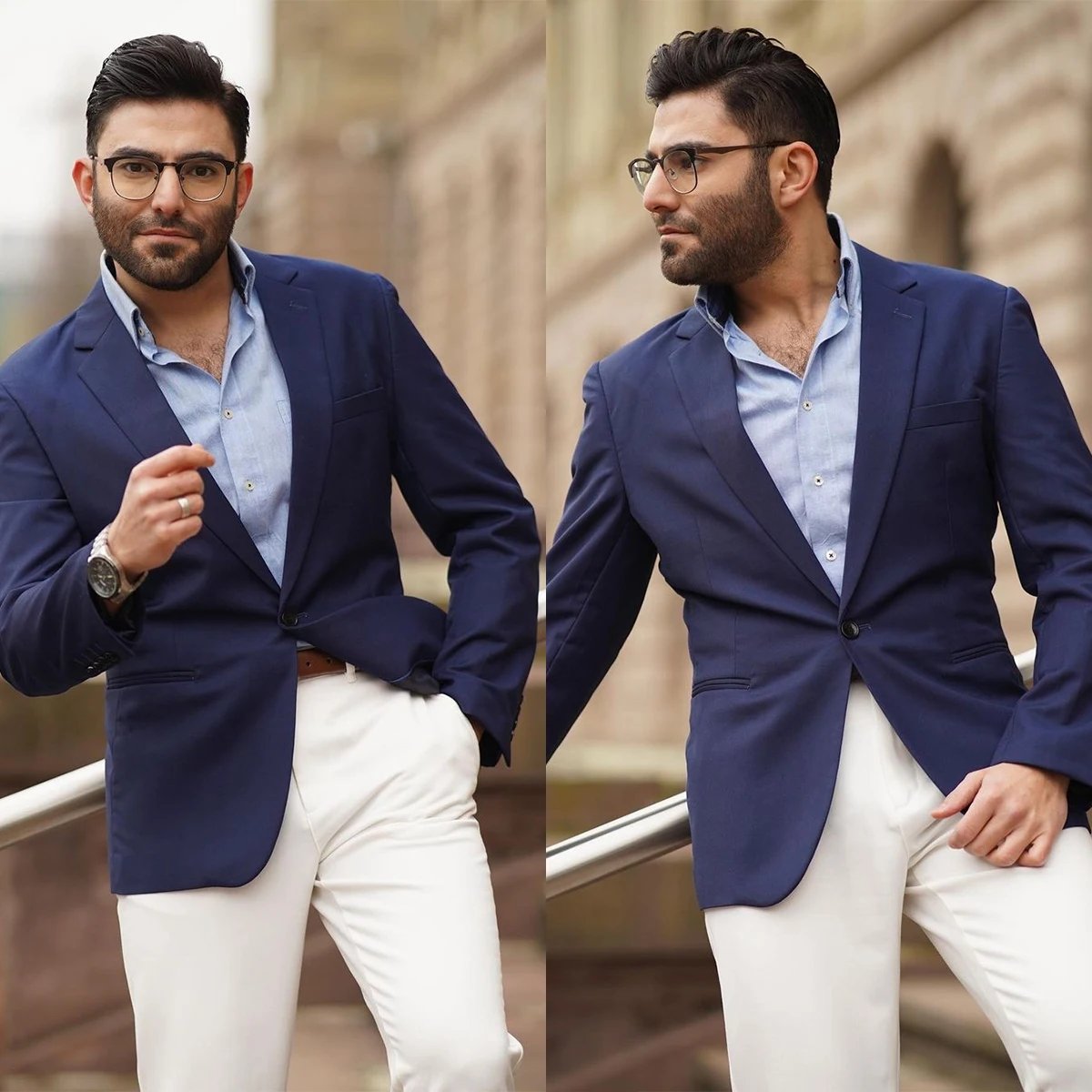 

Classic Men Suits Tuxedo Notched Lapel One Button Pockets Customized 2 Pieces Blazer White Pants Tailored Formal Business