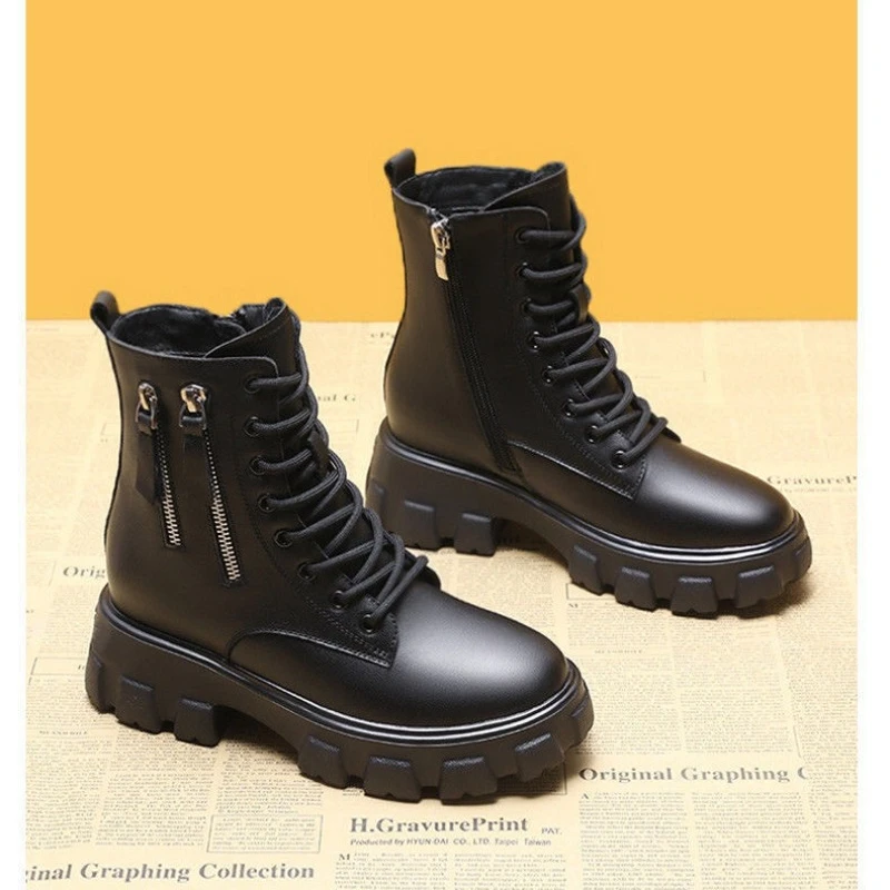 Snow Boots Women Winter 2023 New Plush Velvet Woman Shoes Warm Ankle Boots Thick Cotton Shoes Furry Black Women PU Leather Boots