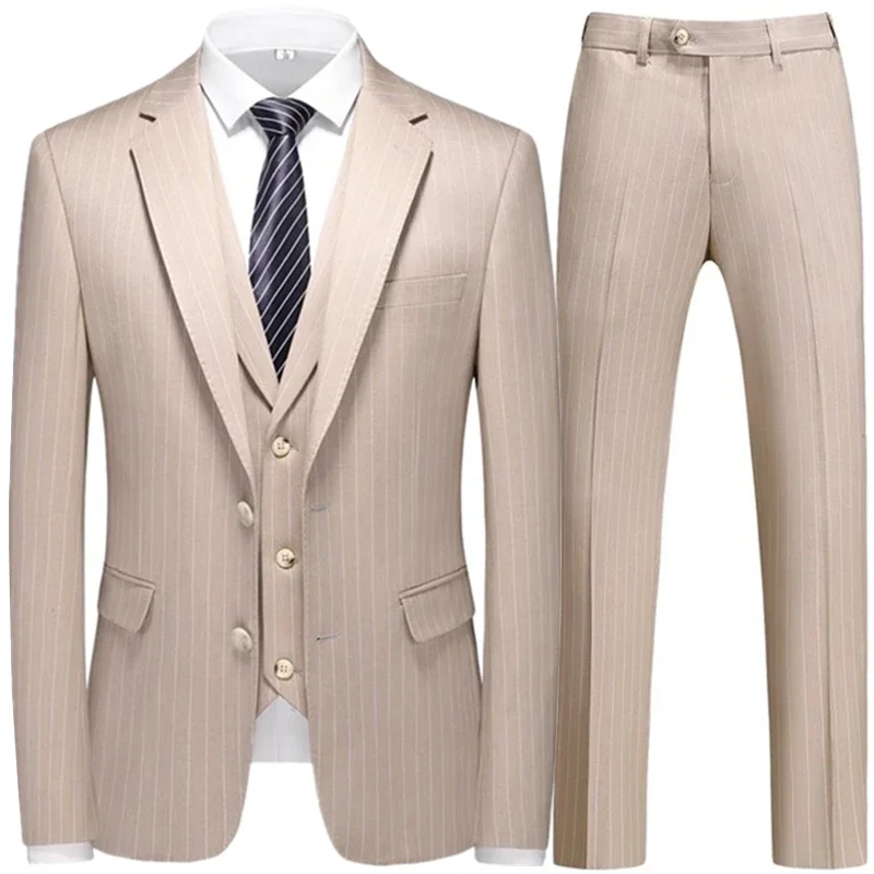 

2023 Fashion New Men Leisure Boutique Business Plaid Striped Suit Vest Pants 3 Pcs Set Casual Dress Blazers Jacket Coat Trosers