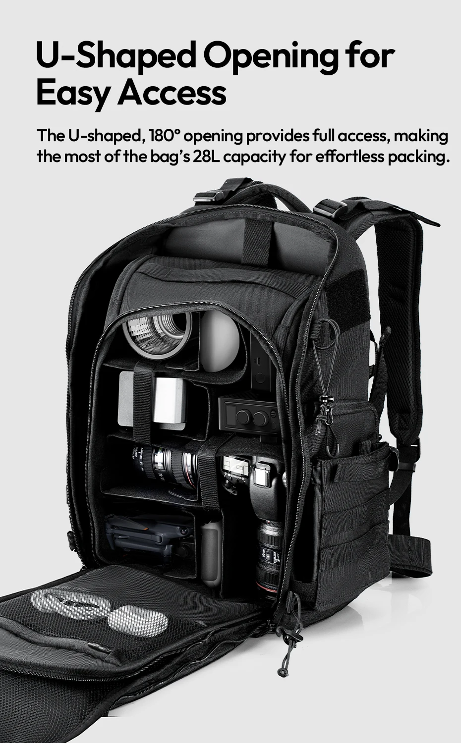 Tactical Camera Backpack 28L with Side Pockets Dividers U-Shaped Opening Foldabl