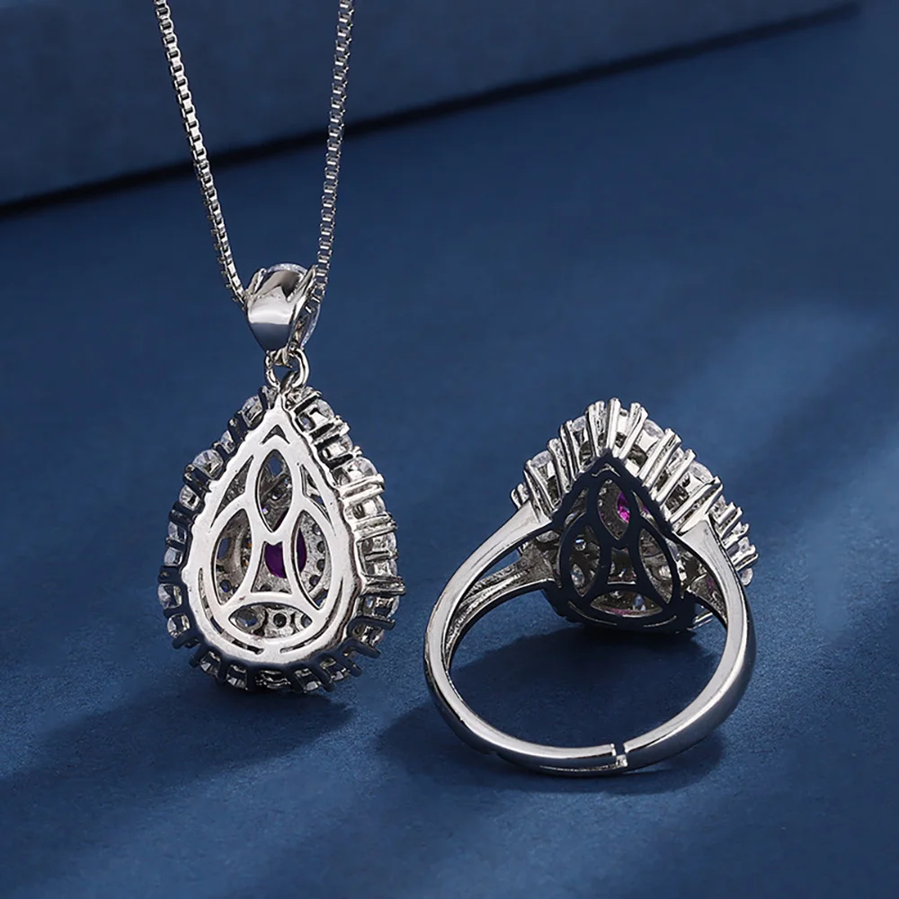 Luxury 4*6mm Water Drop Ruby Pendant Necklace Rings for Women Full