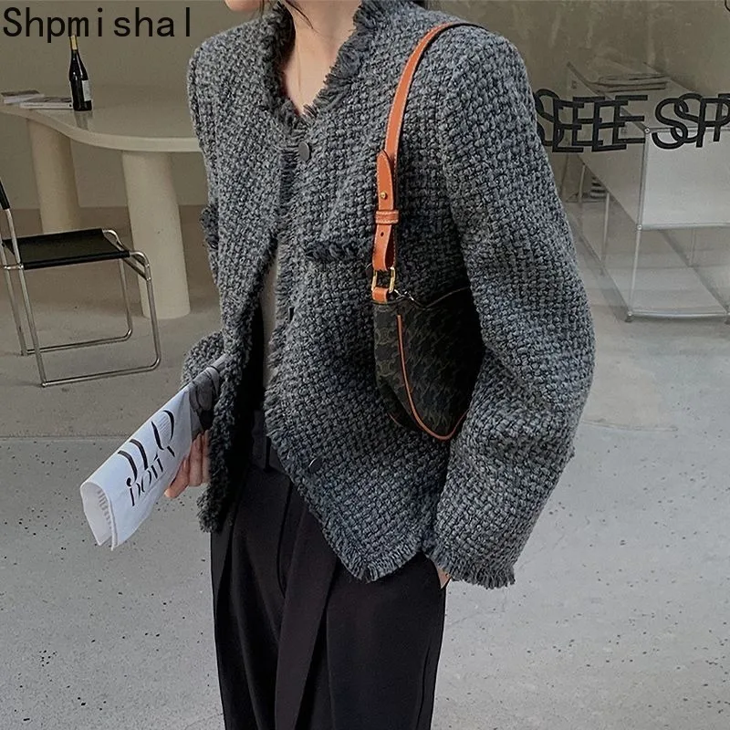 

Shpmishal 2023 зимнее новое пальто женская серая корейская мода грубая твидовая короткая французская свободная повседневная куртка женская одежда