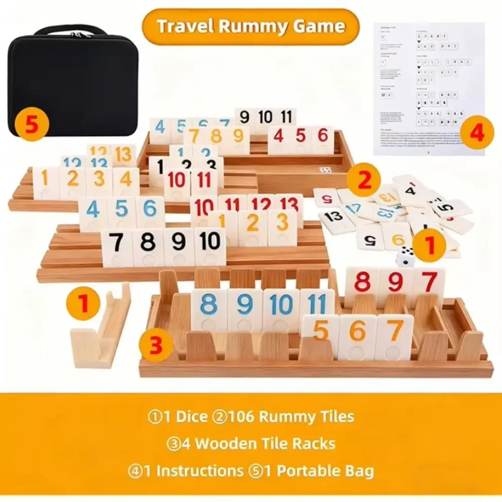 106Pcs Board Games Wooden Rummikub Game 106 Tiles Travel Set Rummy Cube Game Portable Case Rummy Tiles Multi-Player