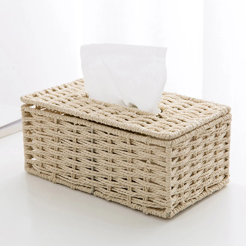 

Rattan Tissue Box Vintage Napkin Holder Case Hollow Removable Clutter Storage Container Cover Living Room Desk Decoration
