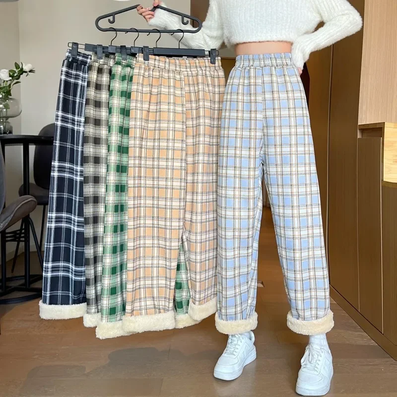 

Pants Lamb Fleece Thick Plaid Women Winter Casual Loose Wide Leg Trousers Korean Streetwear Straight