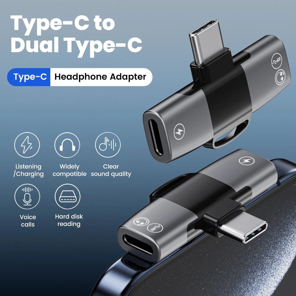 2 in 1 USB Type-C to 3.5mm Jack Audio Cable Earphone Splitter Adapter For IPhone15 16 Samsung Xiaomi Charging Aux Connectors