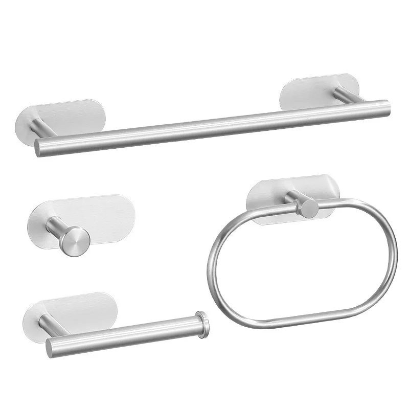4PC No-punch set of towel rack towel ring bath bar bathroom pendant coat hook paper holder brushed 4-piece set
