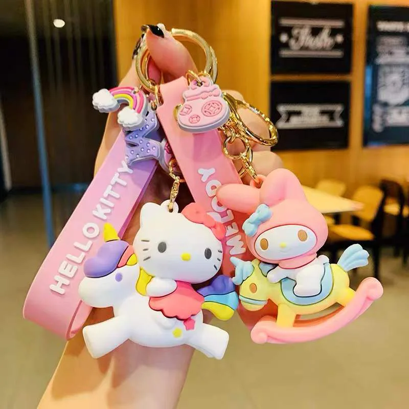 Sanrio 귀여운 소녀 키 체인 가방 펜던트 핑크 Kuromi 멜로디 Cinnamoroll 자동차 키 Sanrio 액세서리 세트 반지 배낭 휴일 선물