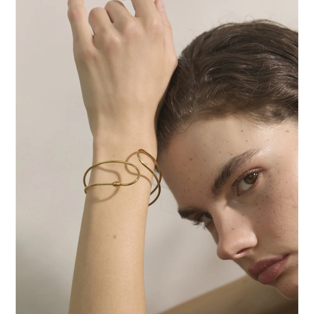 Yhpup Minimalist Stainless Steel Double Layer Hollow Cuff Bracelet