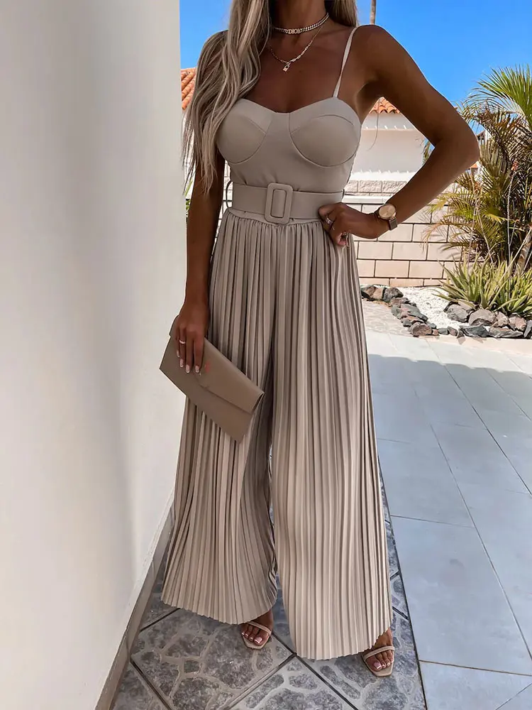 

Summer Spaghetti Strap Jumpsuit Women Fashion Wide Leg Pants Rompers Elegant Sleeveless Solid Long Casual Jumpsuit with Belt