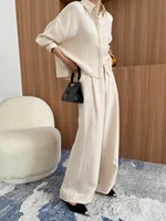 Spring and Autumn Women's Casual Solid Color Collar Long Sleeve Pocket Decoration Loose Shirt+High Waist Wide Leg Pants Set 1
