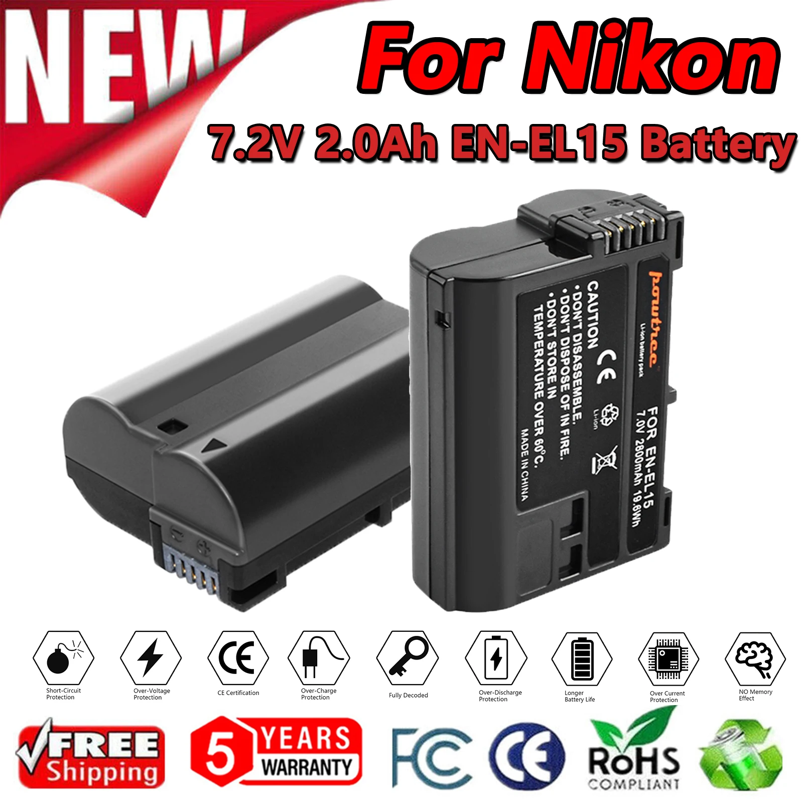 Battool 2000Mah En-El15 Enel15 En El15 Batteria Per Fotocamera Per Nikon Dslr D600 D610 D800 D800E D810 D7000 D7100 D7200 L50