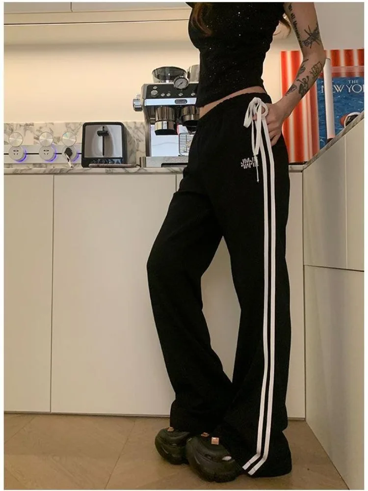 HOUZHOU Y2k Black Striped Sweatpants Woman Korean Fashion Spring Gyaru Wide Leg Sports Pants Streetwear Harajuku Trouser Kpop