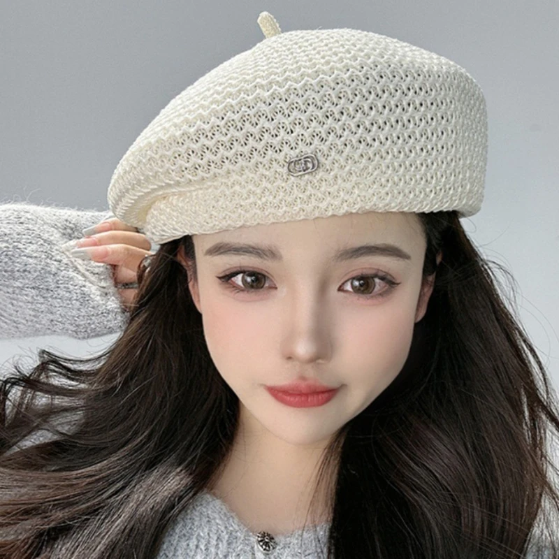 Hot Sale Women Fixed Pleated Paper Straw Beret Summer Milk Silk Knit Breathable Big Artist Fashion Painter Hat_voghion.com