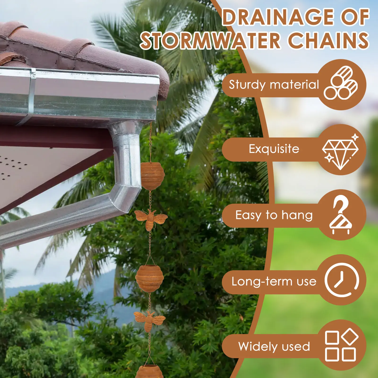 Metal Rain Chain Decorative Rainwater Diverter with Hook Exquisite & Retro Appearance Rain Cup Chime for Garden Patio Courtyard