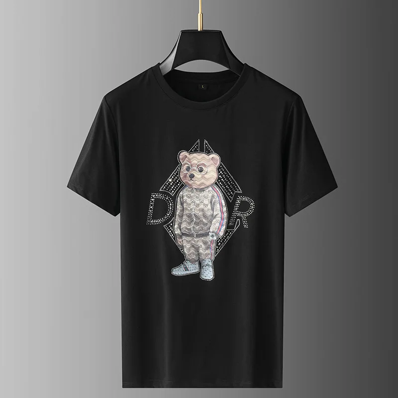 

2023 Fashion Rhinestones T Shirts for Men Summer Clothes Streetwear Cartoon Bear Printing Slim O Neck Short Sleeve T-shirt Man