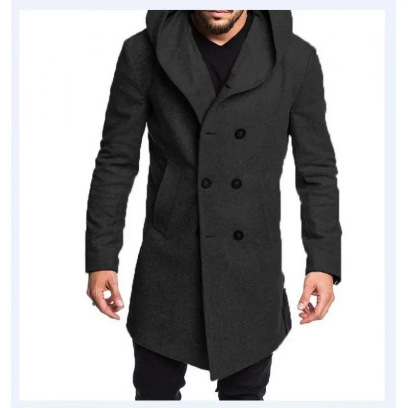 New Men's Coat 2023 Spring Autumn British Men Hooded Silk Floss Woolen Coat Fashion Casual Woolen Coat