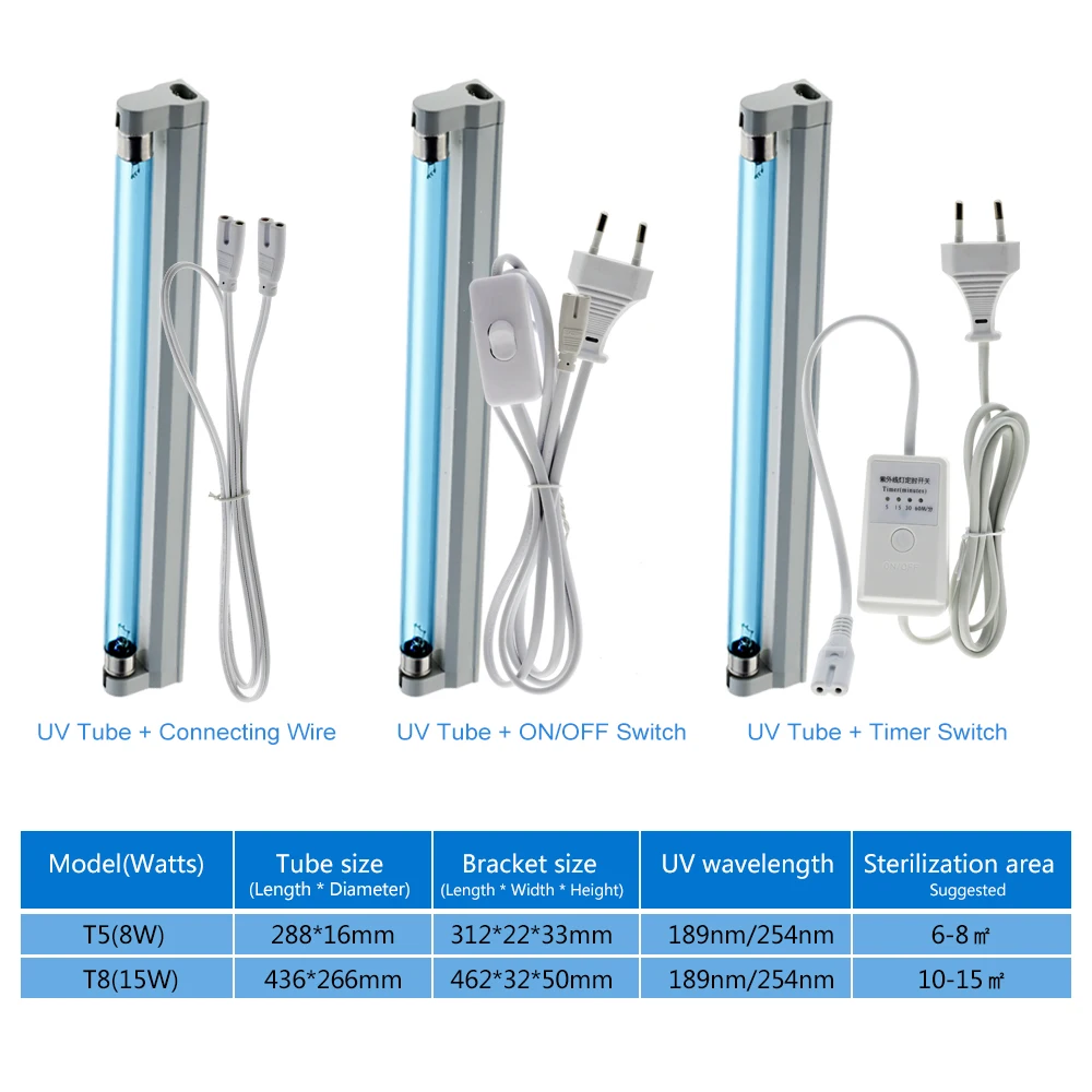 UV Disinfection Lamp 8W 15W Germicidal Light T5 Tube UVC Sterilizer Kill Dust Mite Ozone Sterilizer for Bedroom / Hospital