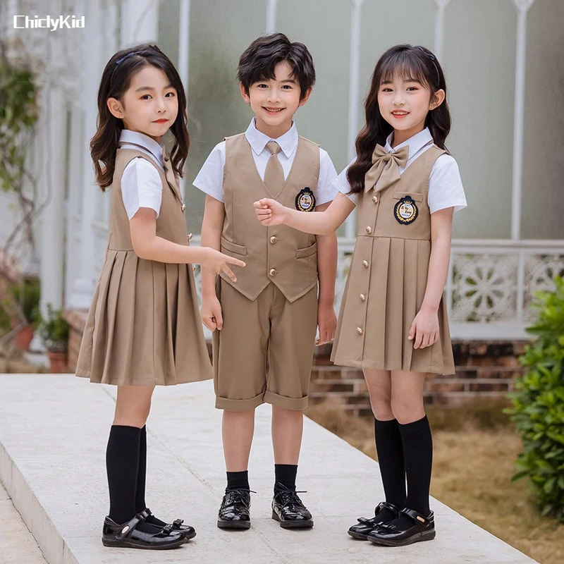 남아 여름 학교 유니폼 조끼 셔츠 반바지, 여아 조끼 원피스, 어린이 영국 유치원 의류 세트, 어린이 학생 복장