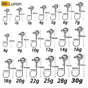 MrLurion 1g 2g 3g 4g 5g 10g 20g 22g 25g 28g fishing jig head hook , rigging hook for crank soft grub worm lure bait sharp hooks