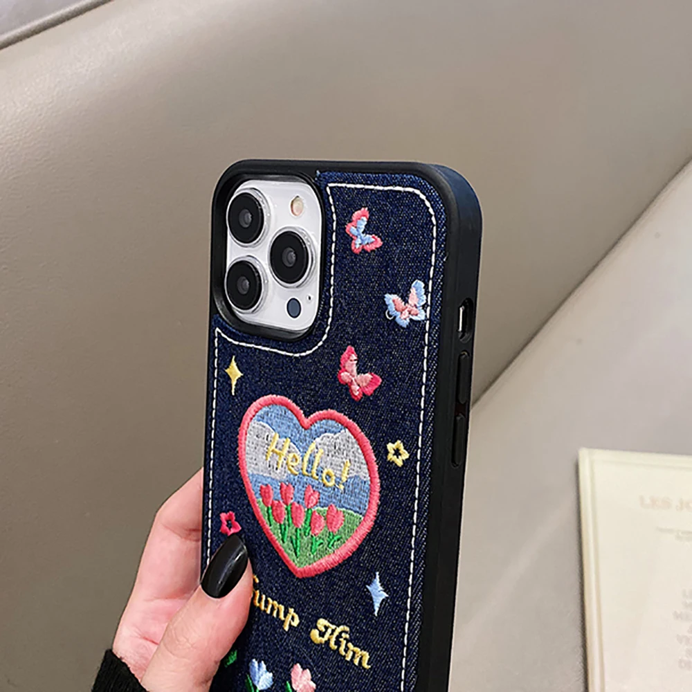 Korean Cute Y2k Butterfly Denim Embroidery Phone Case For iPhone 15 14 13  12 Pro Max 11 Love Heart Cherry Shockproof Soft Cover - AliExpress