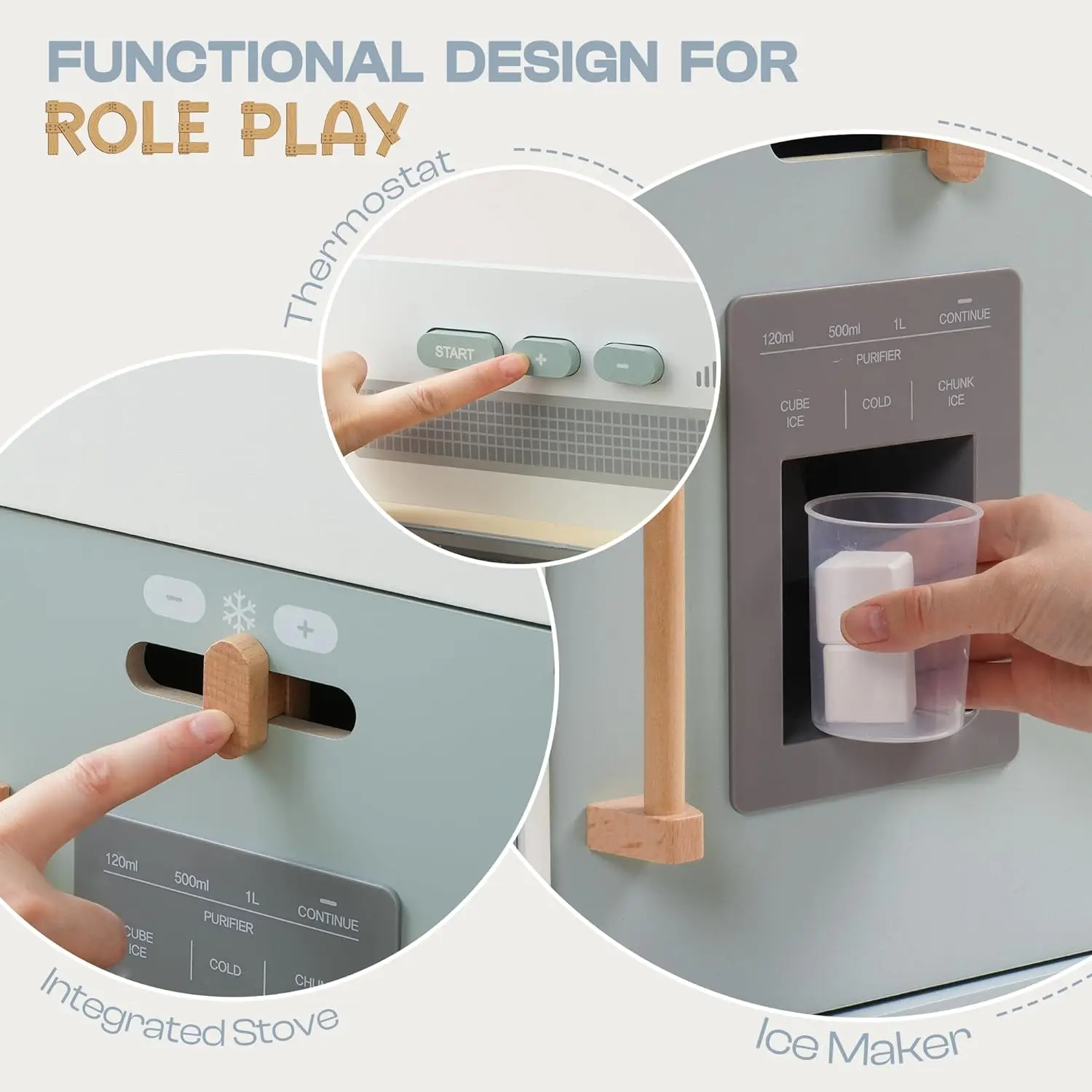 Robotime Play Kitchen for Toddlers Wooden Play Kitchen with Real Lights Sounds Ice Cube Dispenser Gift for Ages 3+ Blue White 6