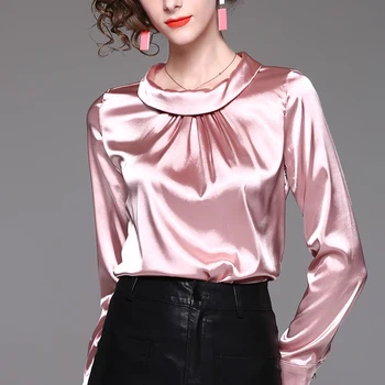 Chemisiers en satin de soie à manches longues pour femmes, taille slim, grandes tailles, chemisiers de bureau pour femmes, chemisiers en mousseline élégants, blusa feminina