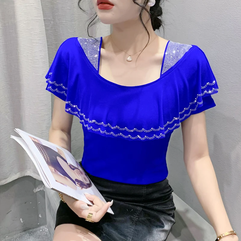 Été volants maille col carré T-Shirts femmes à manches courtes diamants t-shirt Femme mode Patchwork hauts T-Shirts