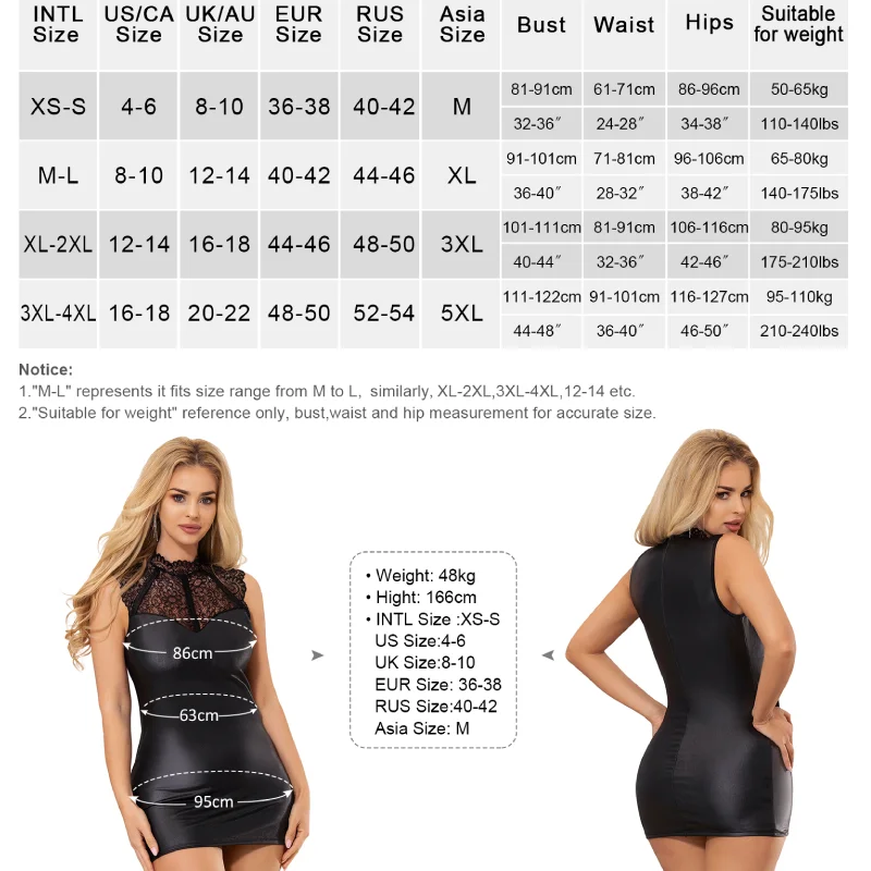 Ohyeahlady Women's Sexy Mini Dress Leather Lingerie Sleeveless Zipper Nightdress Plus Size Bodycon Club Panty Nightwear Outfits