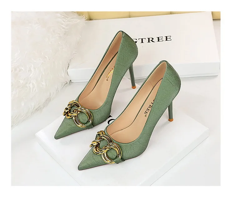 Women 7.5cm 9.5cm High Heels Escarpins Pumps Lady Metal Chain Low Heels Fetish Nightclub Slim Fit Party Green Office Prom Shoes