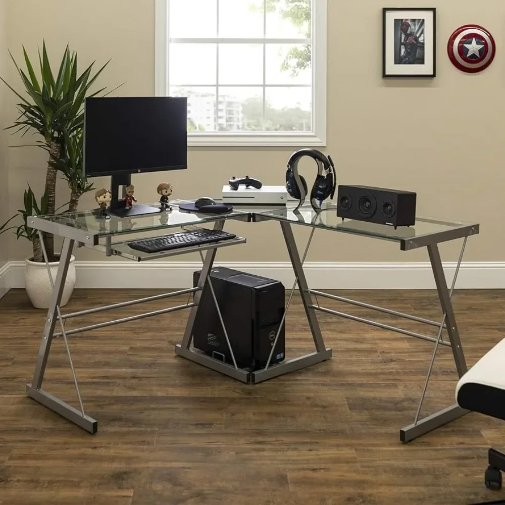

51 Inch Side Table for Laptop Bed Modern Glass Top L Shaped Corner Gaming Desk With Computer Keyboard Tray Silver Freight Free
