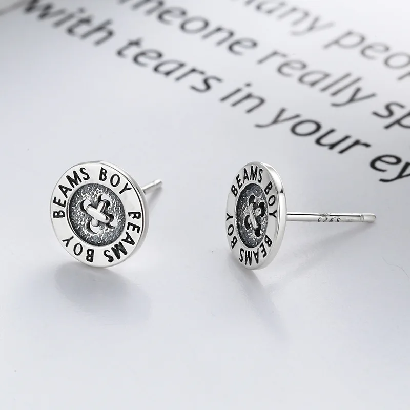 

925 Sterling Silver Retro English Button Earstuds Hip Hop Men's and Women's Zipper Head Earrings
