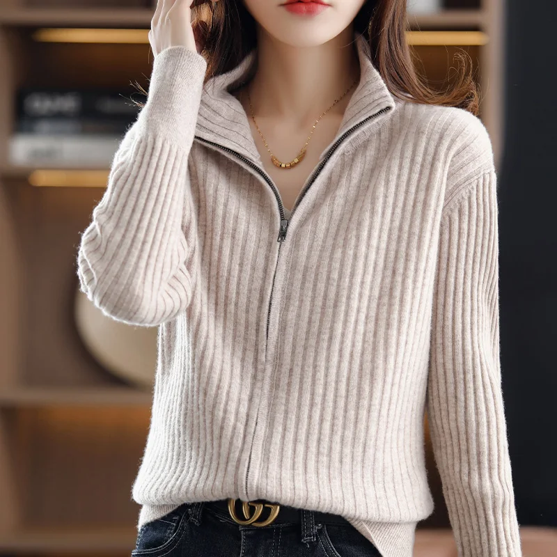 

100%Wool Cardigan Women Spring New Stand-Up Collar Zipper Sweater Coat Wild Long-Sleeve Knit Shirts Solid Cashmere Female Jacket