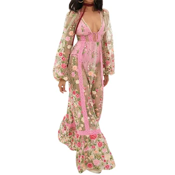 Women's Clothing Summer 2024 Trend Sweet Long Beach Dress Long Sleeve V Neck Backless Floral Embroidered Bikini Cover Up 1