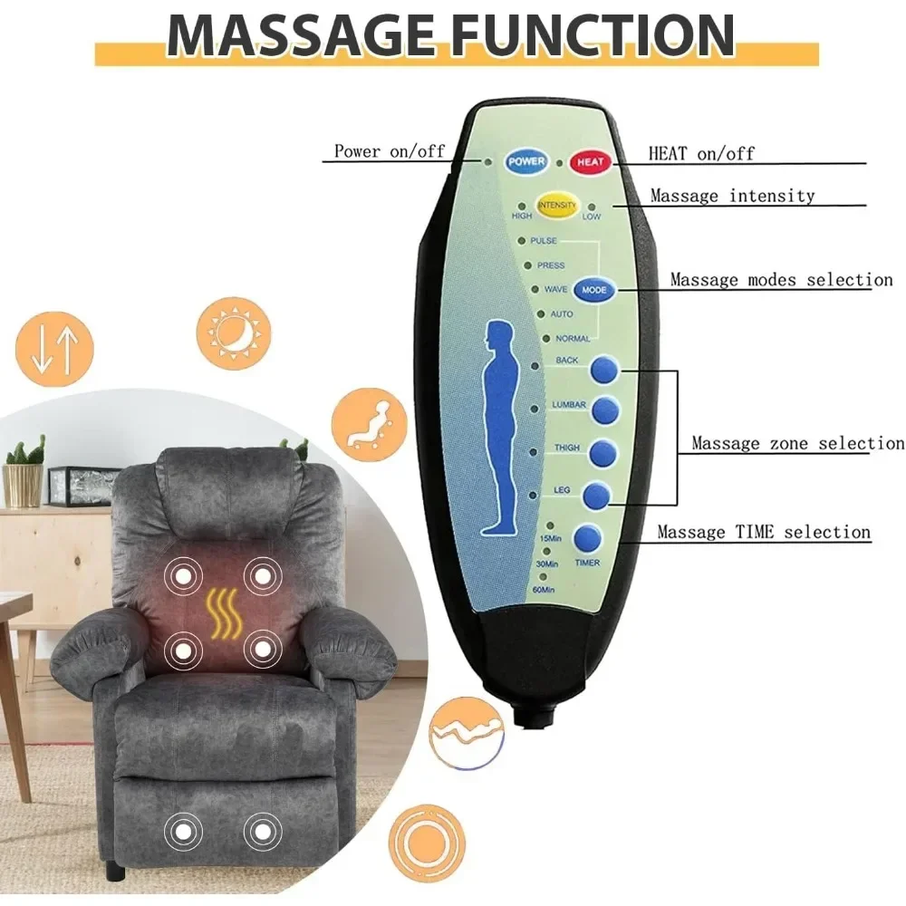 Overstuffed Massage Recliner Chair Living Room Chairs for Adults Fabric Manual Small Recliner with Heating Push Back
